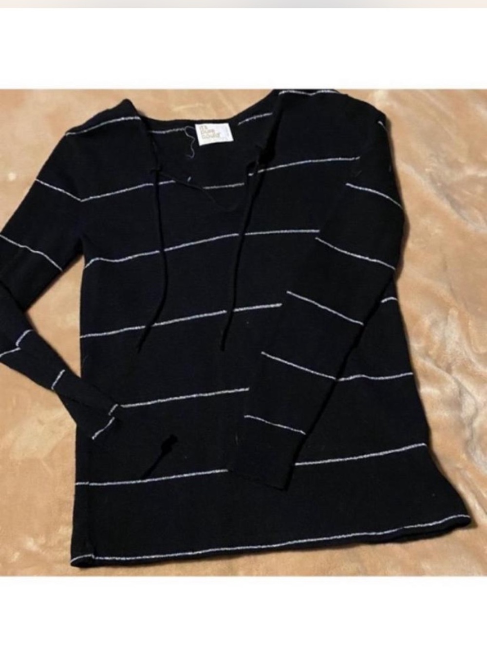 Women's Black V-Neck Striped Knit Sweater Sz S